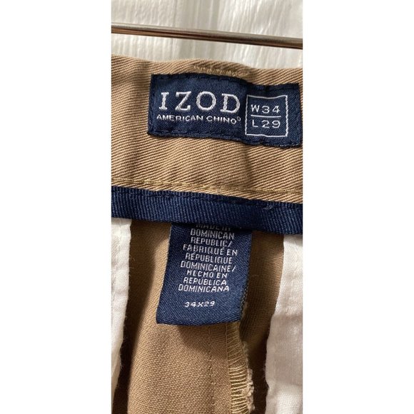 IZOD American Chino Mens Pants Size W34 x L30 Cotton Slacks Dark Tan EUC - Picture 2 of 5